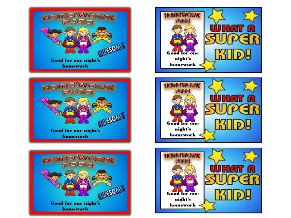 Six cut-apart passes, each 'Good for one night's homework', with superhero kids and 'Awesome!' or 'What a Super Kid!'