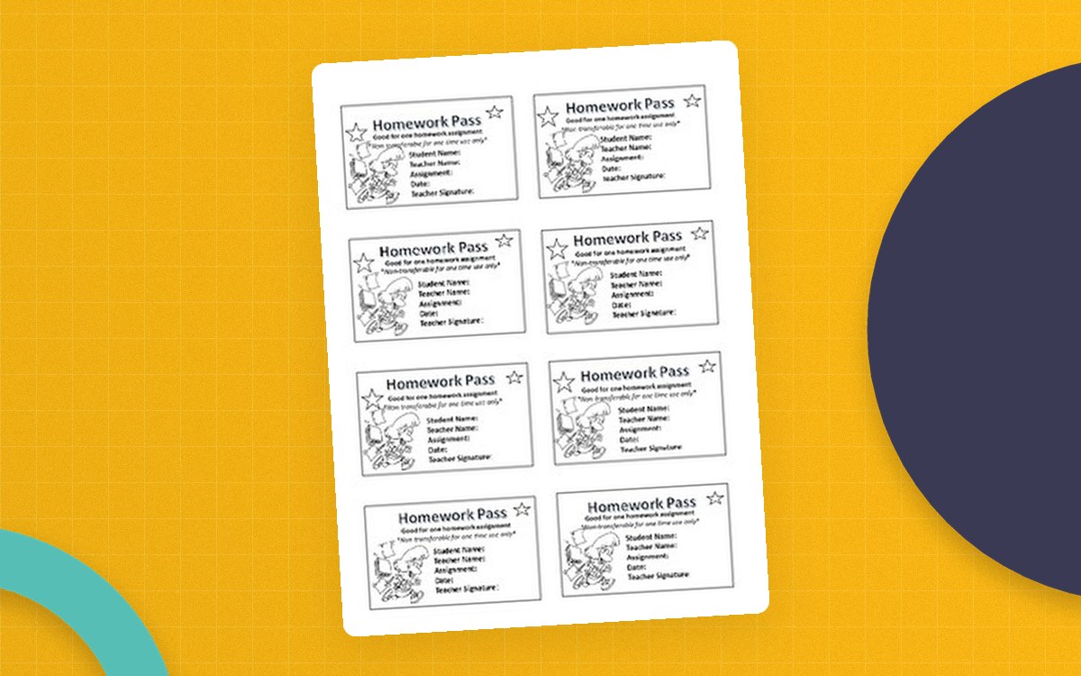 Homework Passes cover with printable one-assignment reward cards and student-information lines.