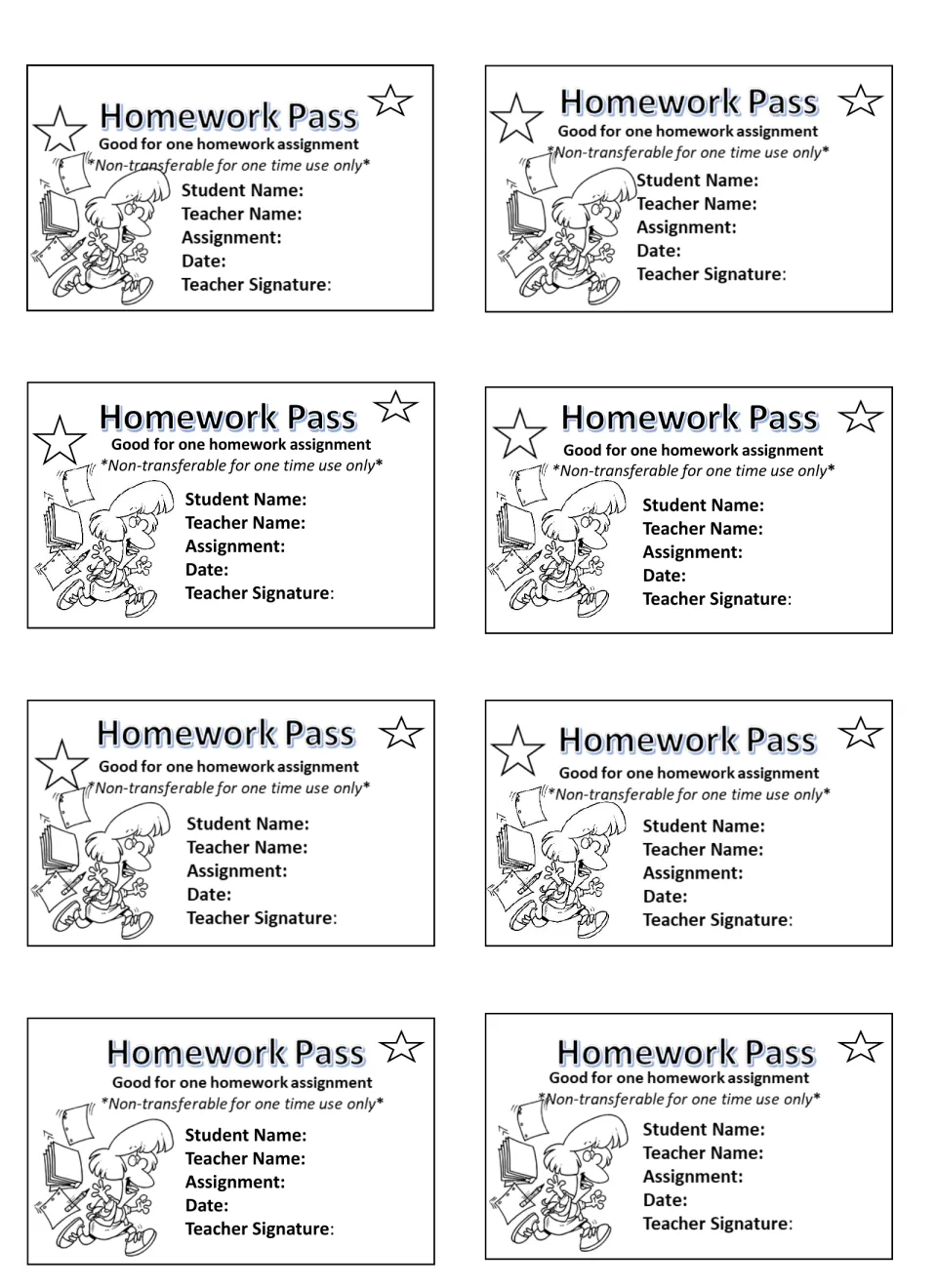 Eight homework pass cards, each good for one assignment, with blanks for student, teacher, assignment, date and signature