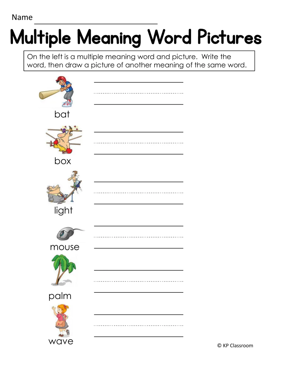 Word pictures: students write bat, box, light, mouse, palm and wave, then draw a second meaning for each