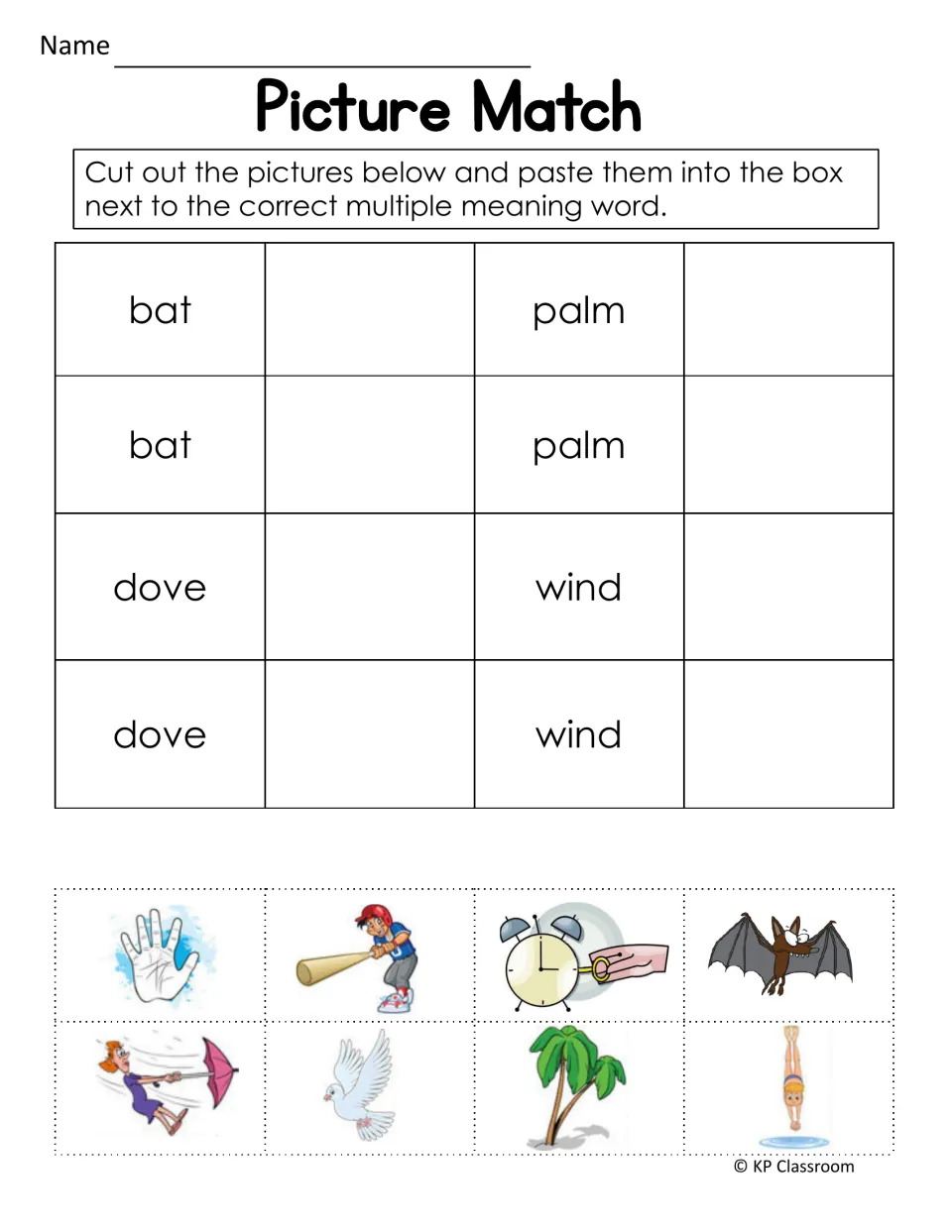 Picture match: students cut out eight pictures and paste two meanings each beside bat, palm, dove and wind