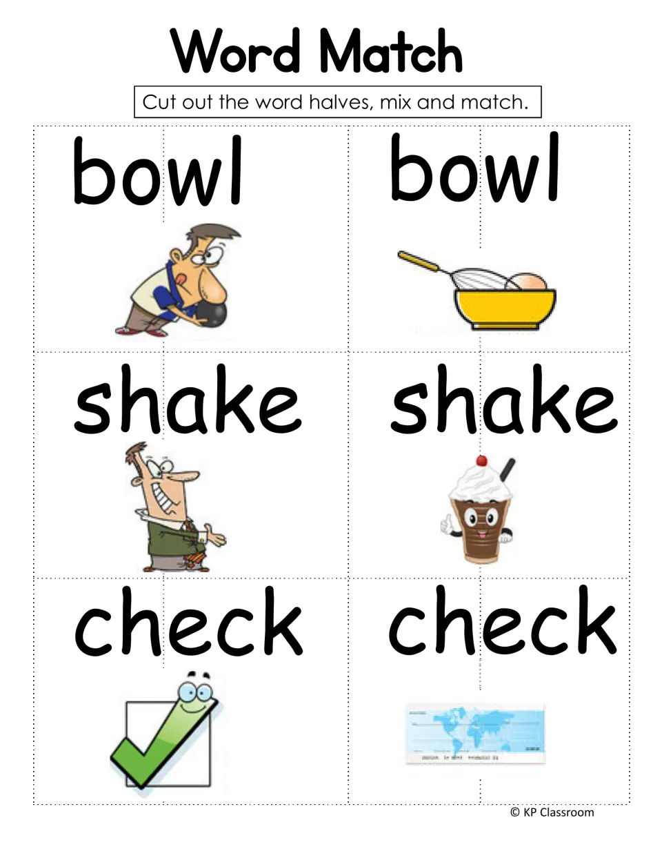 Word match cards for bowl, shake and check, each word pictured two ways and cut into halves to mix and match