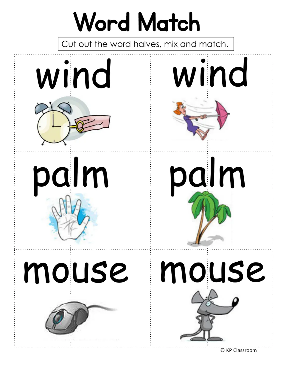 Word match cards for wind, palm and mouse, cut into halves so students pair each word with its two pictures