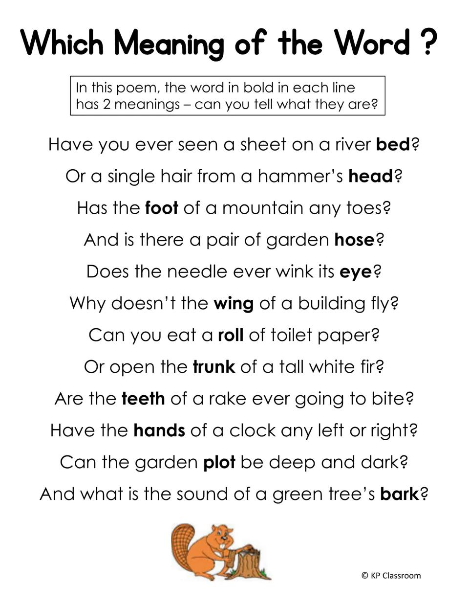 Poem riddle: students explain two meanings of bold words such as bed, head, foot, trunk and bark in each line