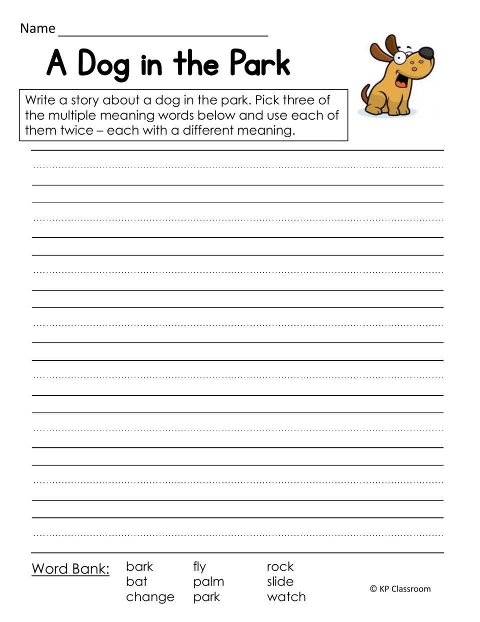 Story writing about a dog in the park, using three word bank terms twice each with a different meaning