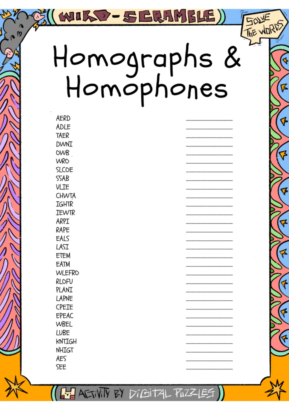 Homographs and homophones word scramble: students unscramble 30 words such as AERD, TAER and KNTIGH, writing each answer