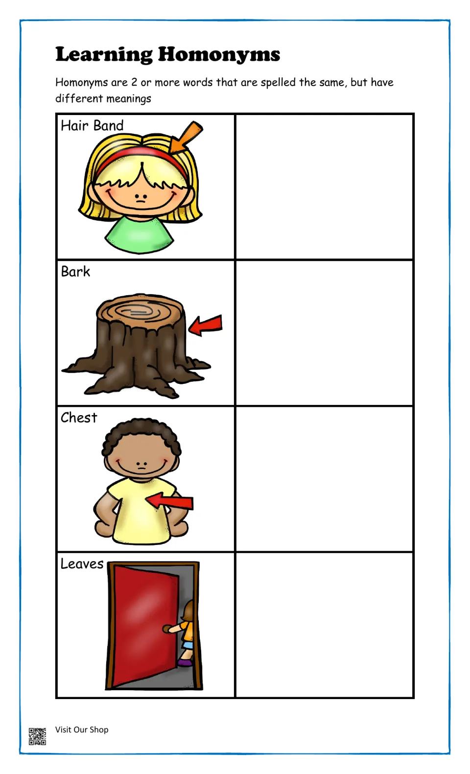 Homonym meanings: students match a second meaning to pictured hair band, tree bark, chest and a child who leaves a room