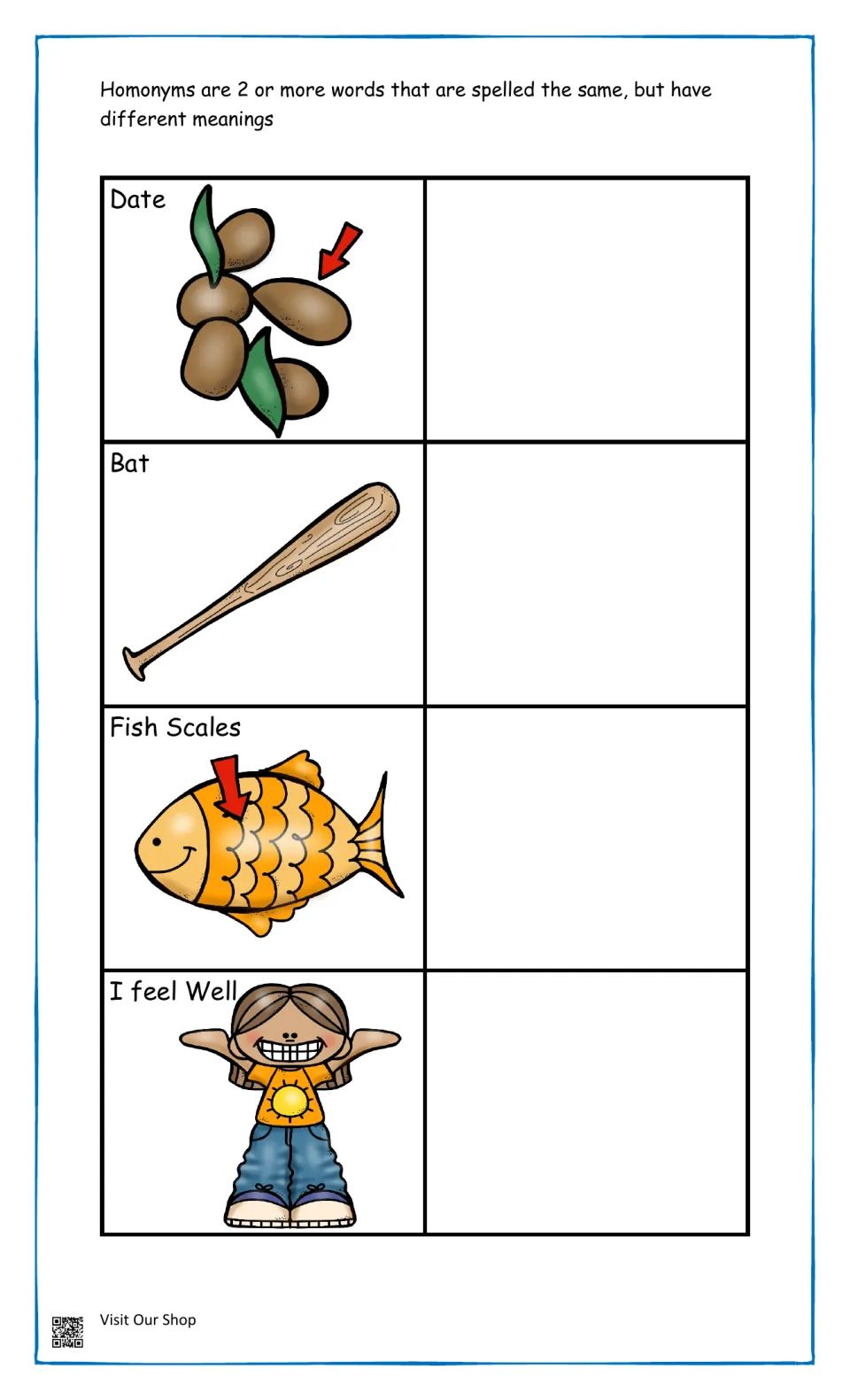 More homonym meanings: students match a second meaning to pictured dates, baseball bat, fish scales and I feel well