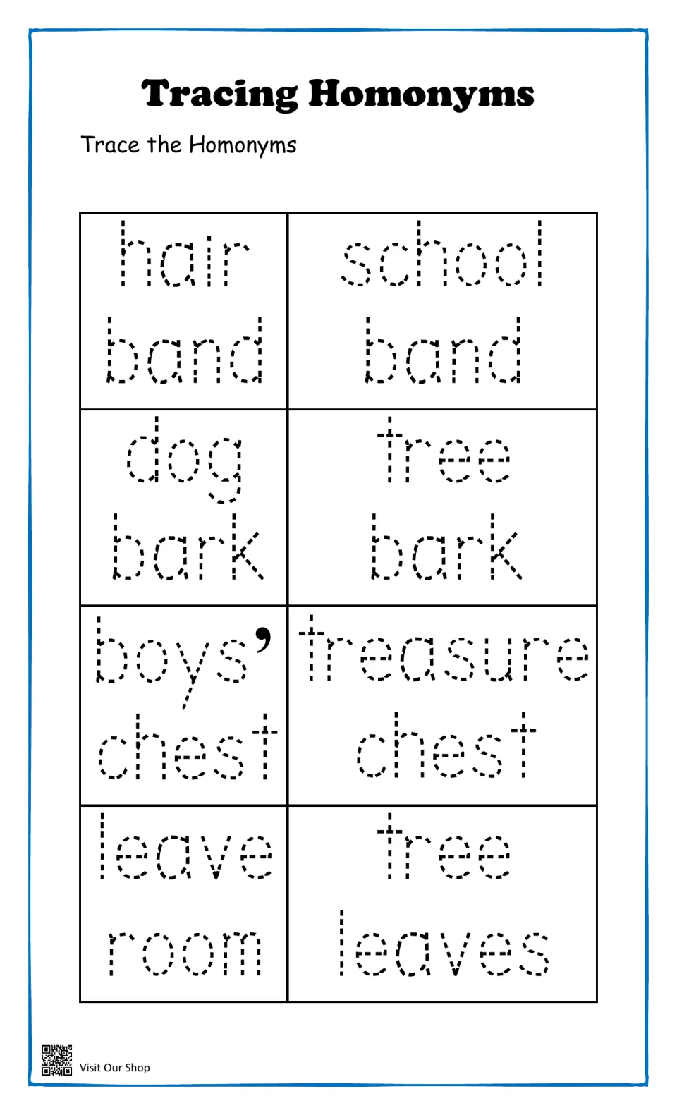 Tracing homonyms: students trace hair band, school band, dog bark, tree bark, boys’ chest, treasure chest, leave room, leaves