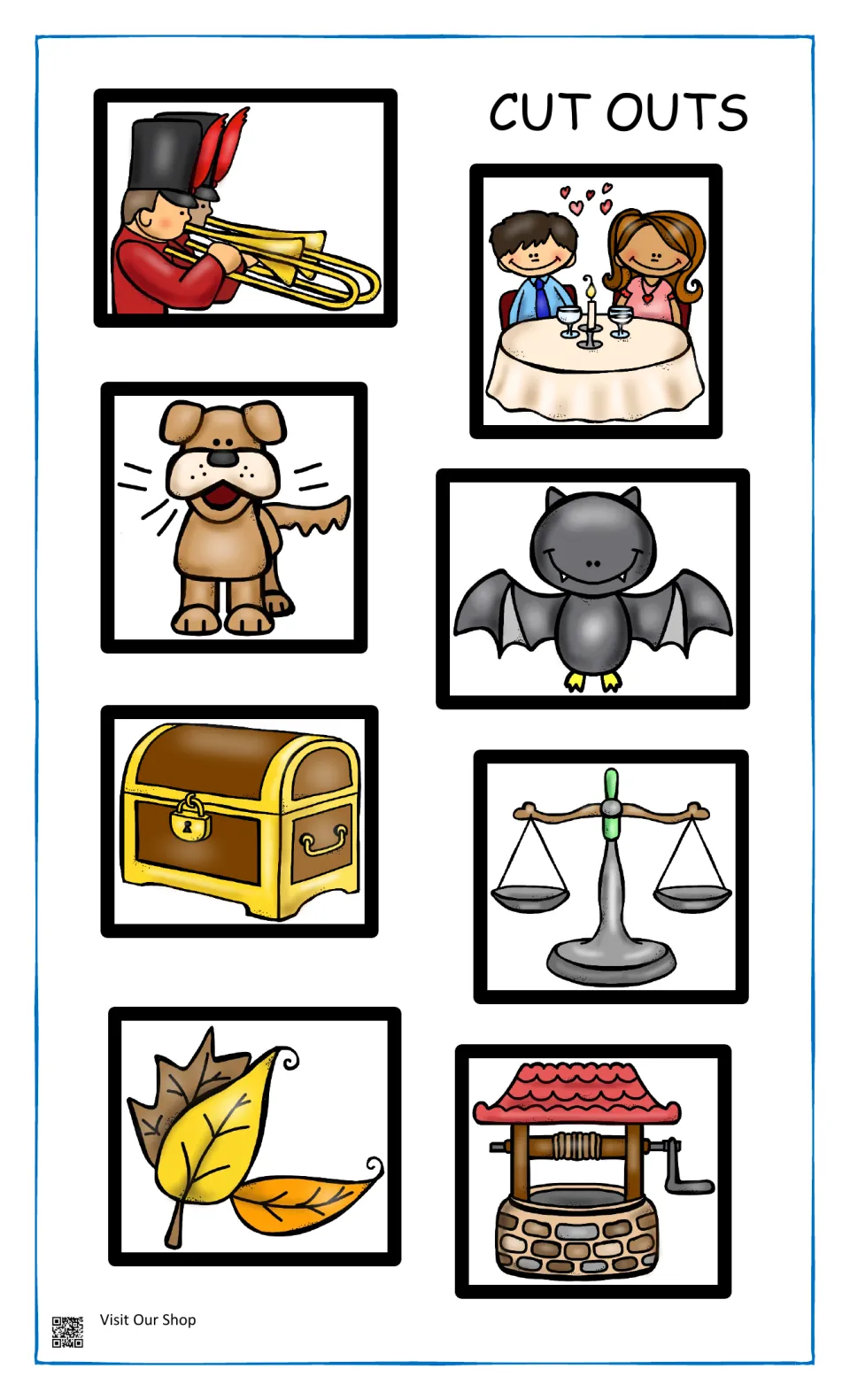 Homonym cut outs: band player, dinner date, barking dog, bat, treasure chest, balance scale, fall leaves and wishing well