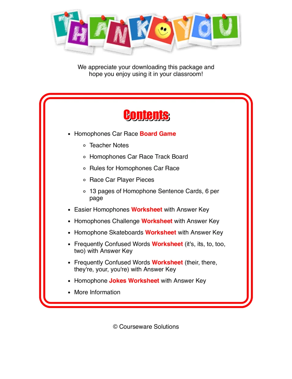 Contents list for the board game, 13 sentence card sheets, and six homophone worksheets with answer keys