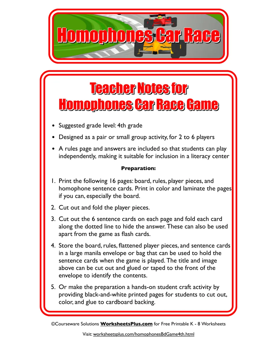 Teacher notes for the homophone game: grade 4, 2–6 players, and directions to print, cut, fold, and store