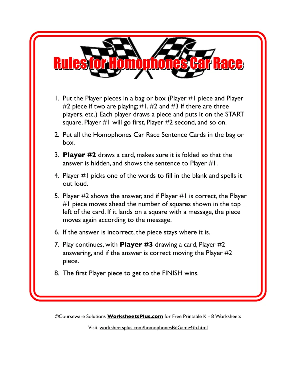 Eight game rules explain drawing cards, saying and spelling missing homophones, and moving toward Finish