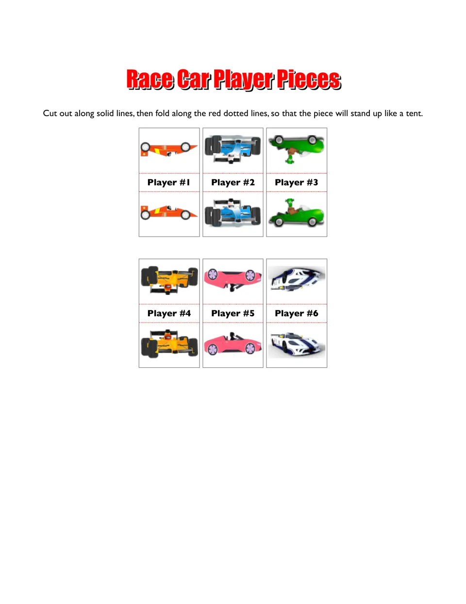 Six race car player pieces numbered 1–6, with instructions to cut and fold each into a standing tent