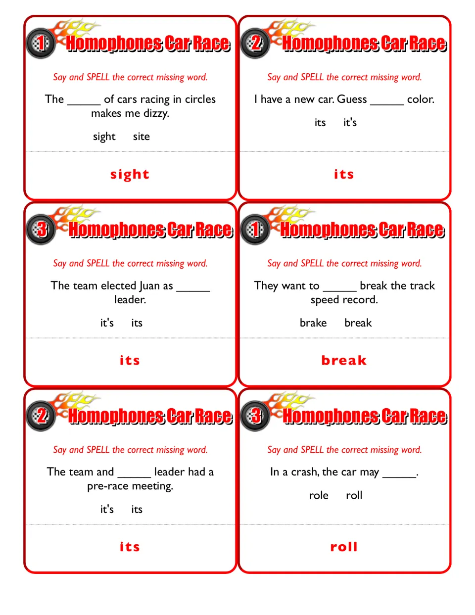 First six homophone sentence cards practice sight/site, its/it's, brake/break, and role/roll, with answers