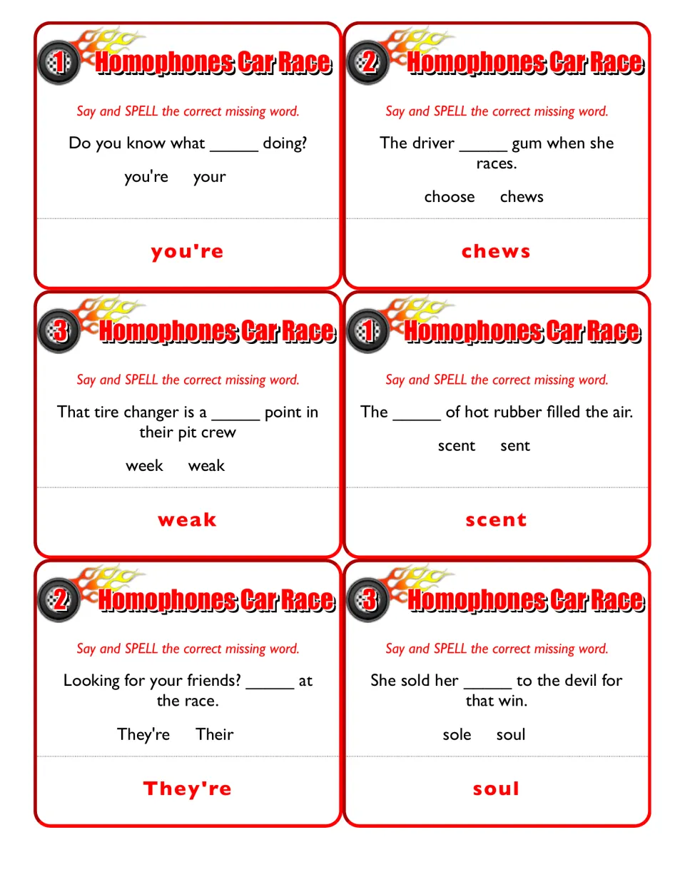 Second sheet of six sentence cards includes you're/your, choose/chews, and week/weak, with answers