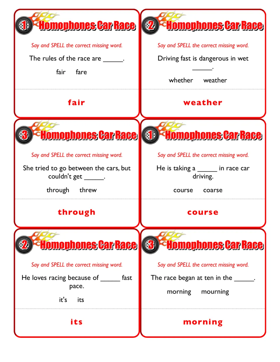 Third sheet of six sentence cards includes fair/fare, whether/weather, and through/threw, with answers