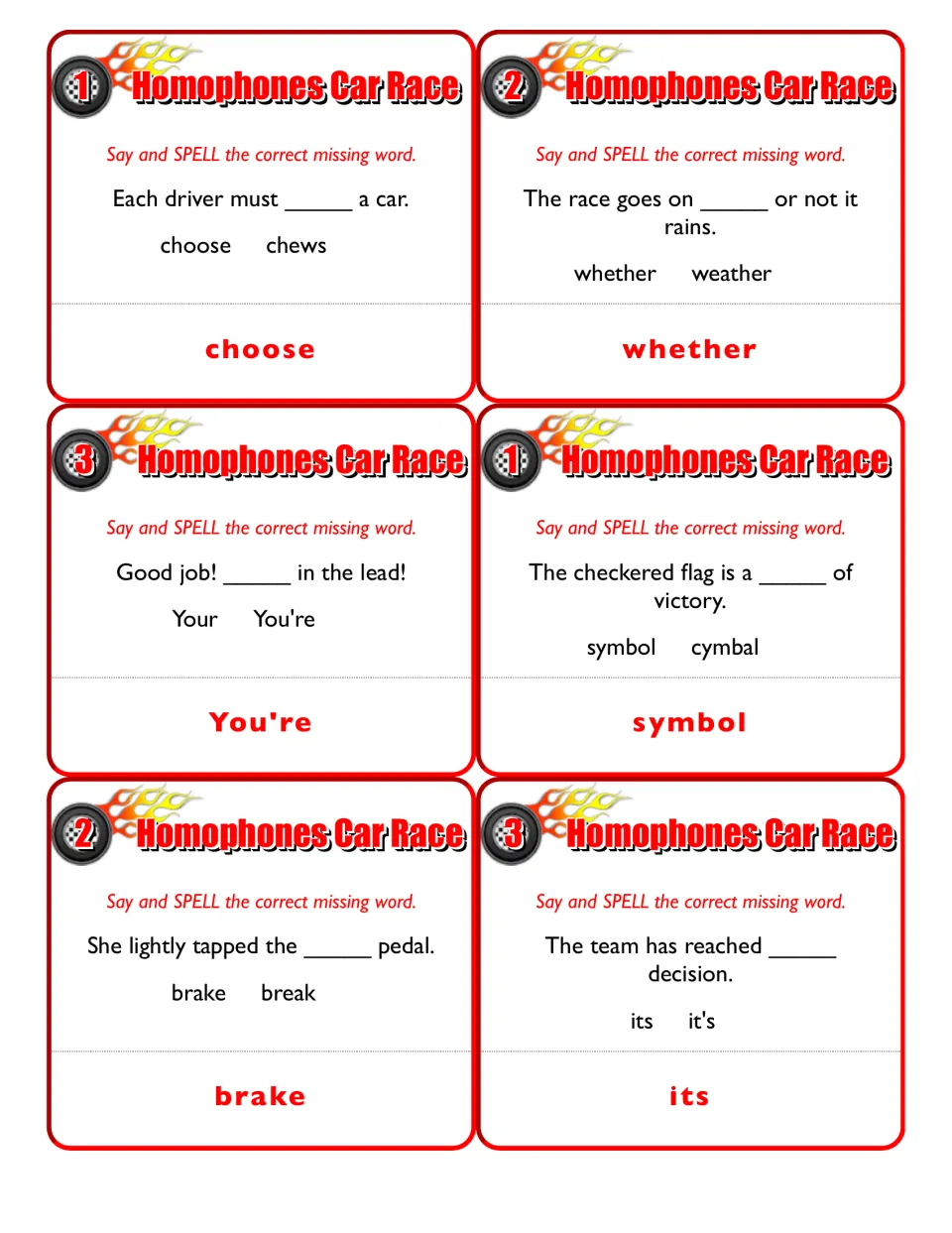 Fourth sheet of six sentence cards includes choose/chews, symbol/cymbal, and brake/break, with answers