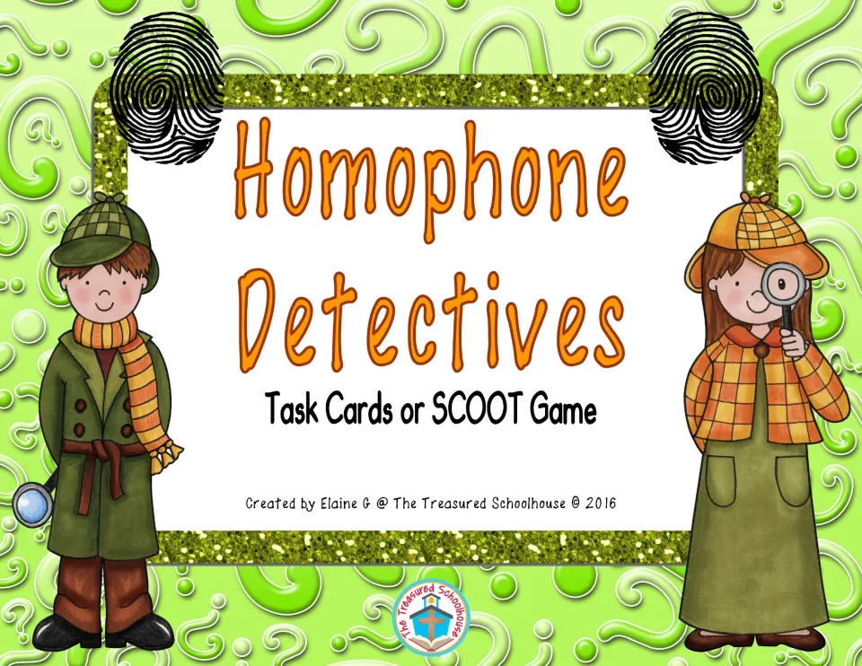 Homophone Detectives Task Cards cover identifies the resource as sentence practice cards or a SCOOT game