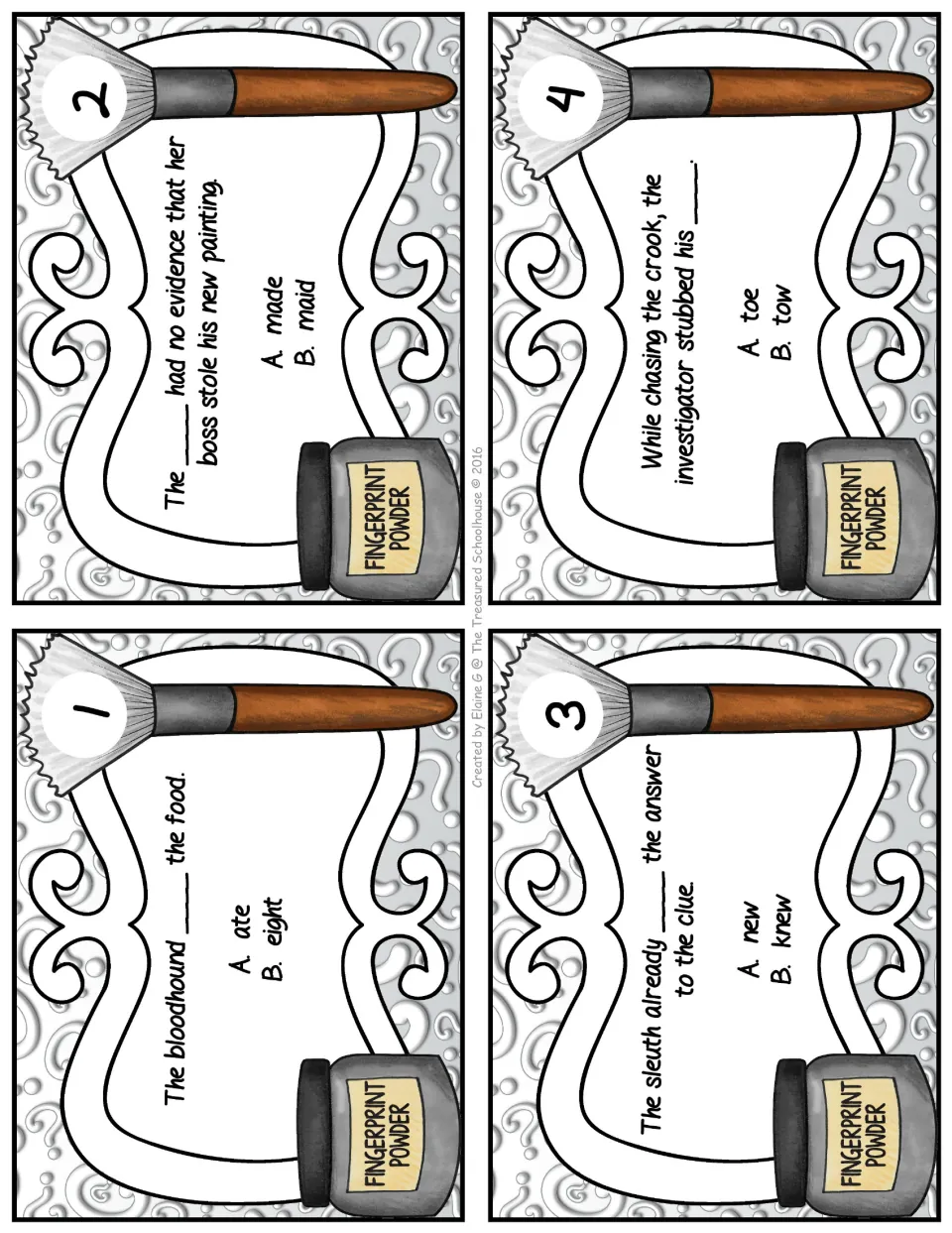 Homophone task cards 1–4: complete detective sentences using ate/eight, made/maid, new/knew, and toe/tow