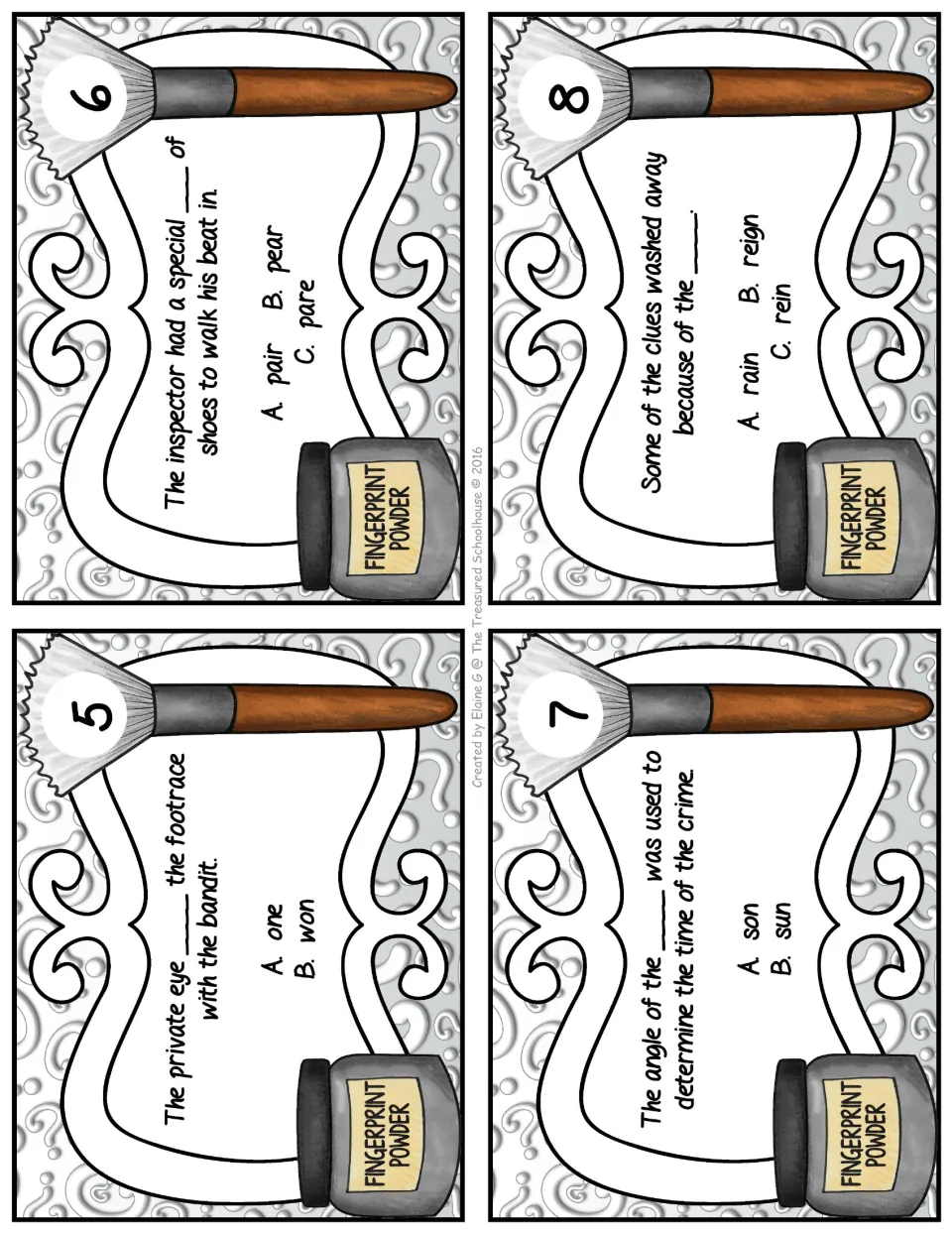 Homophone task cards 5–8: complete detective sentences using one/won, pair/pear/pare, son/sun, and rain/reign/rein
