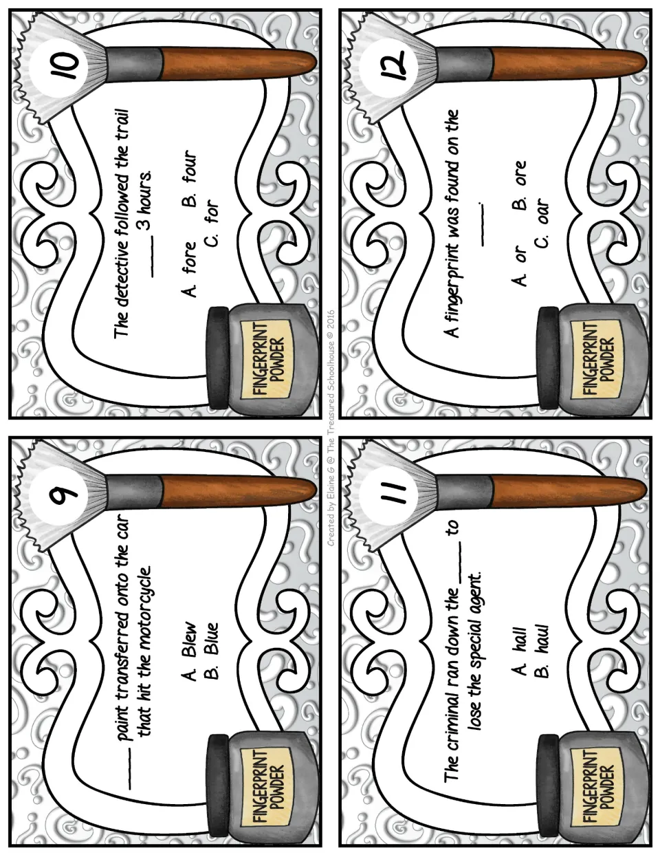 Homophone task cards 9–12: choose words for sentences about blue paint, a three-hour trail, a hall, and an oar