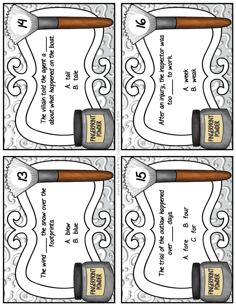 Homophone task cards 13–16: choose words for sentences about wind, a villain's tale, a trial, and an injury