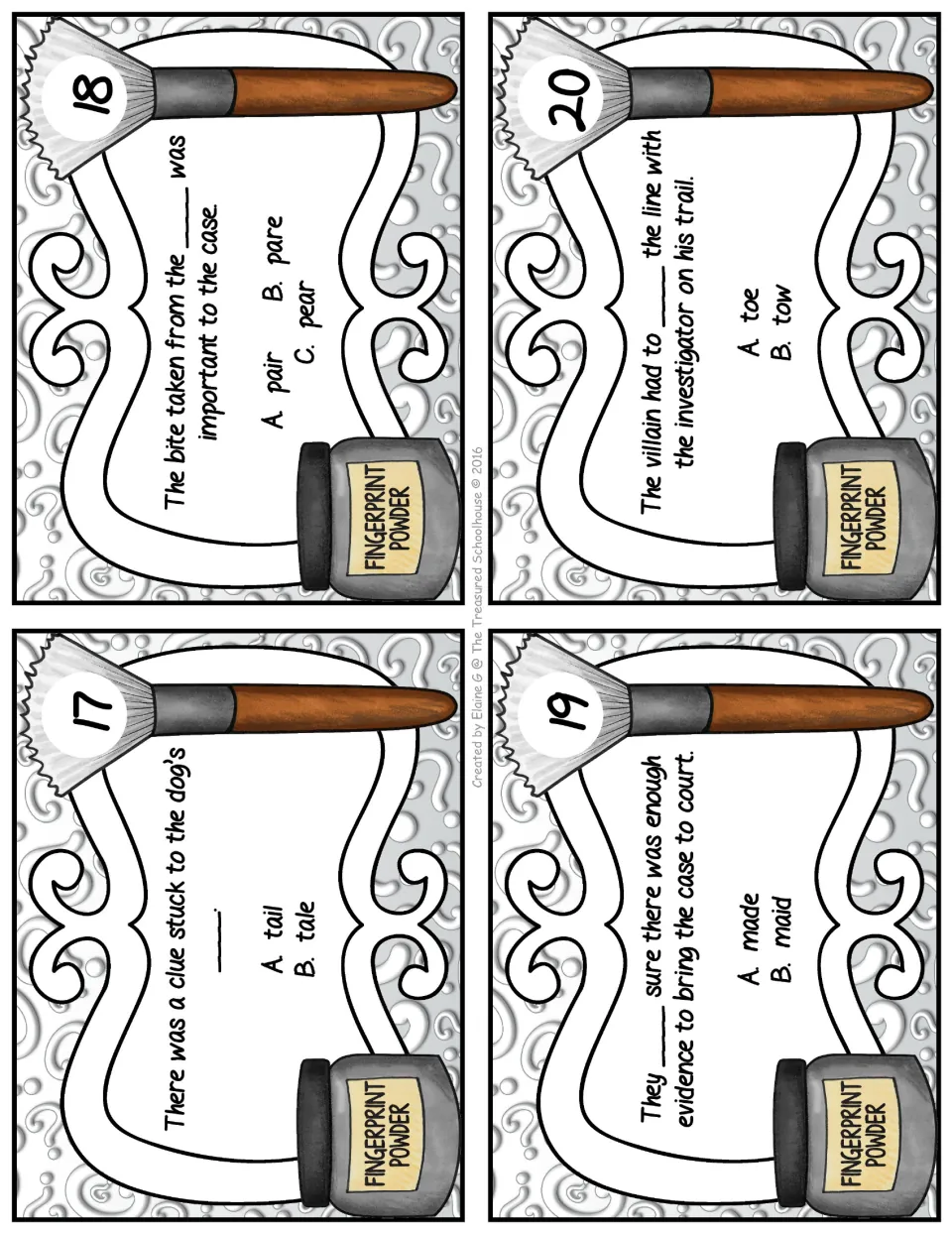 Homophone task cards 17–20: choose words for sentences about a dog's tail, a pear, evidence, and toeing the line