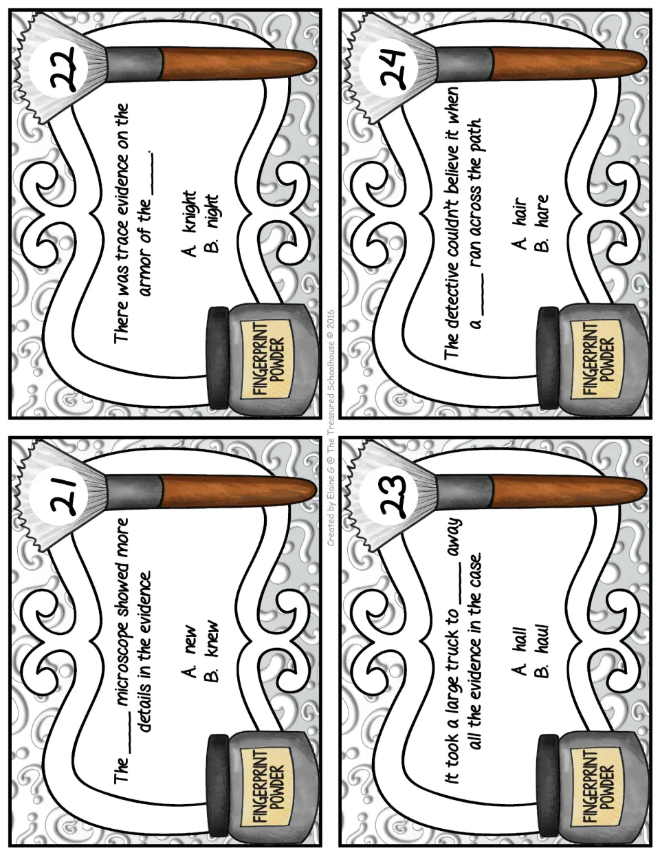 Homophone task cards 21–24: choose words for sentences about a microscope, armor, hauling evidence, and a hare