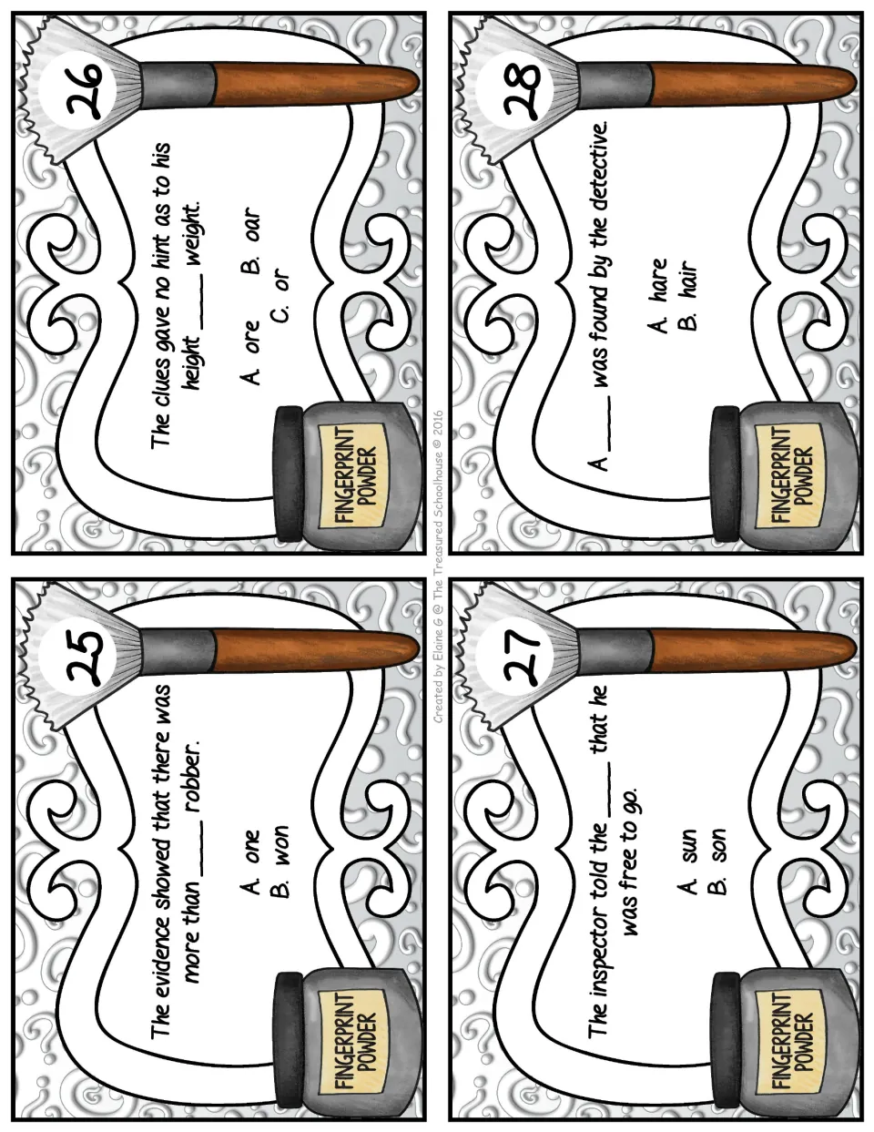 Homophone task cards 25–28: choose words for sentences about robbers, height or weight, a son, and a hair