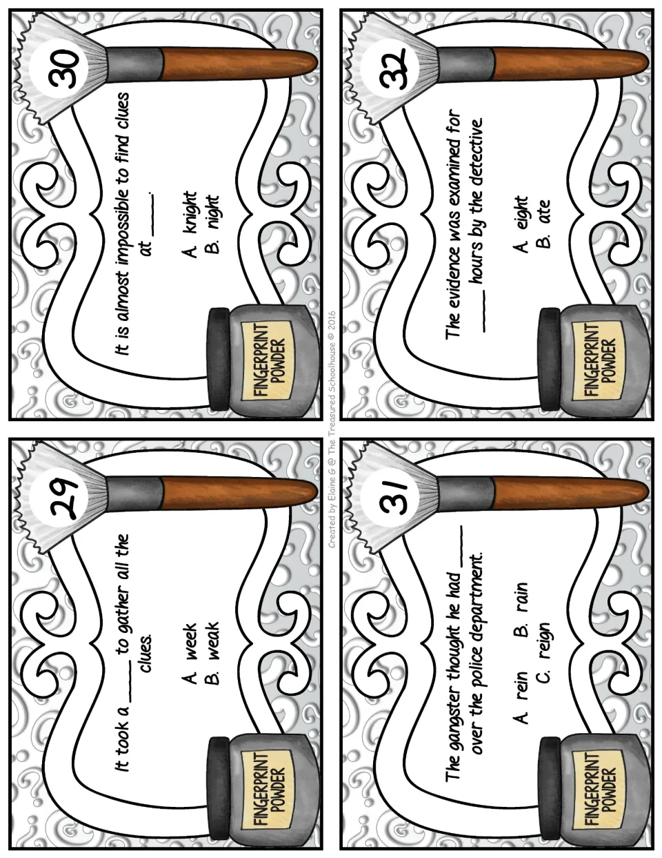 Homophone task cards 29–32: choose words for sentences about a week, nighttime clues, a gangster, and eight hours