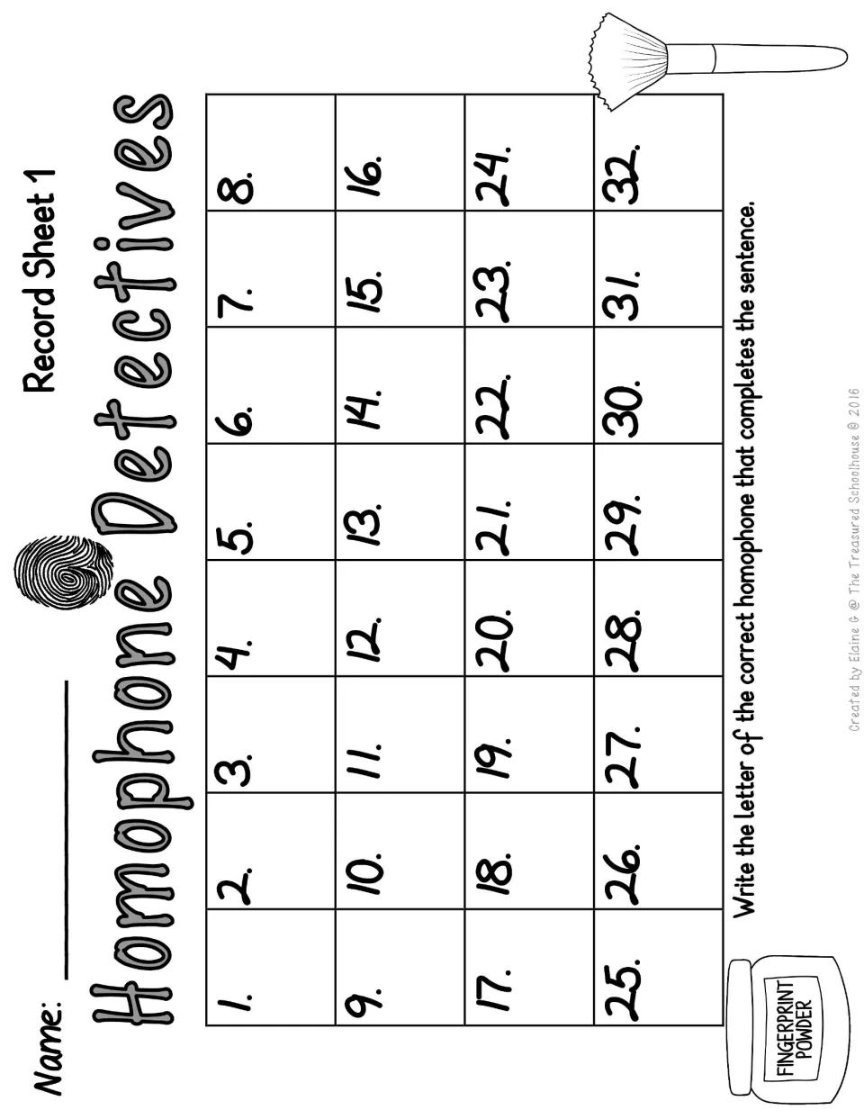 Record Sheet 1 for homophone task cards 1–32 asks students to write the letter of each correct homophone