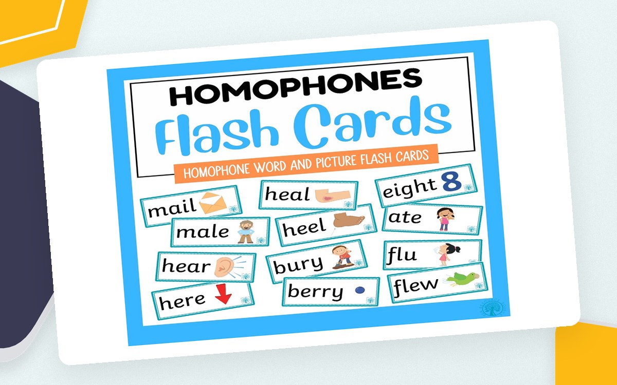 Blue Homophones Flash Cards cover with illustrated cards for pairs including mail/male, heal/heel, eight/ate, and hear/here.