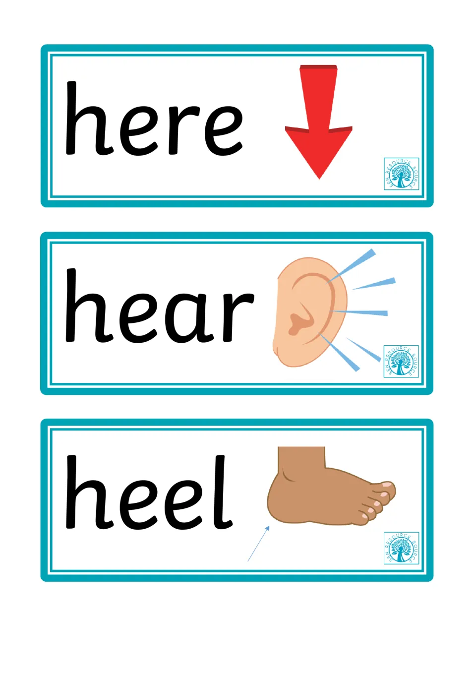 Sound-alike words here and hear, shown with a red down arrow and an ear, plus heel with an arrow to the back of a foot