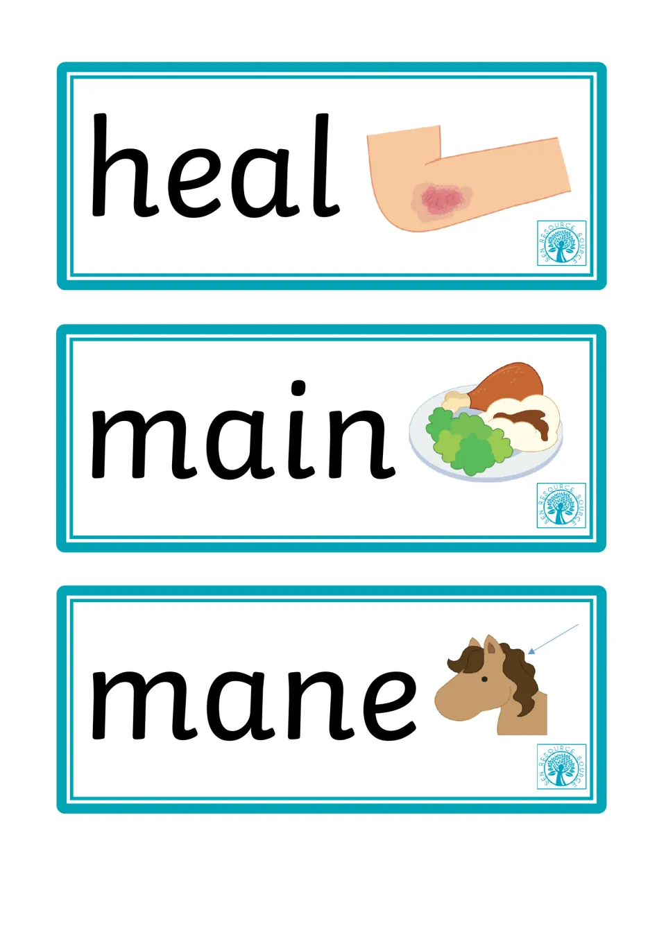 Spelling clues: heal beside a scraped elbow, main beside a dinner plate, mane with an arrow to a horse's hair