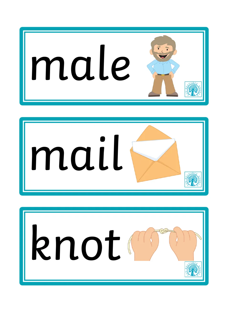 Word cards pairing male (a bearded man) with mail (an open envelope), plus knot shown as two hands tying string