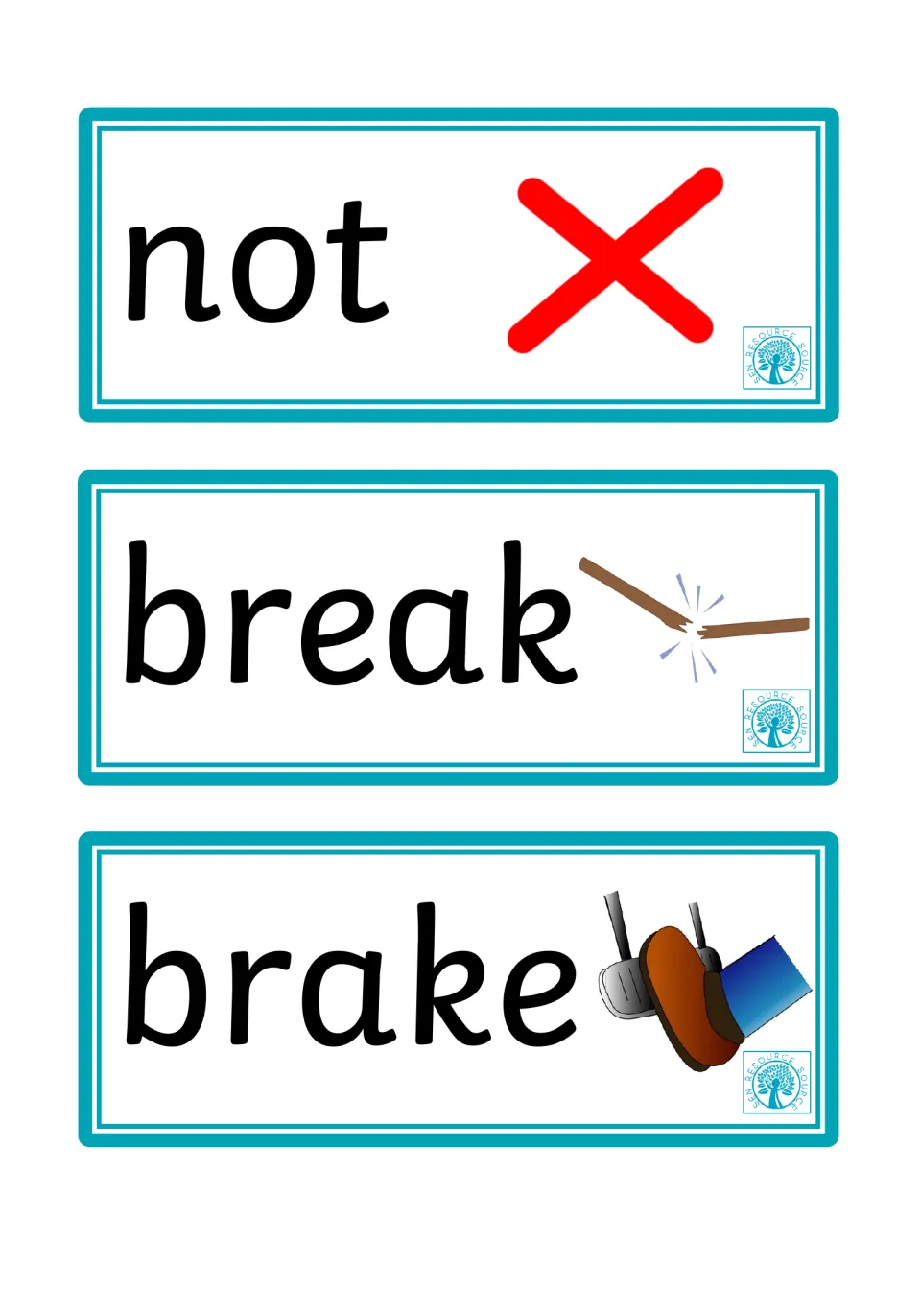 Same-sound pairs: not with a red X, break with a snapped stick and brake with a shoe pressing a car pedal