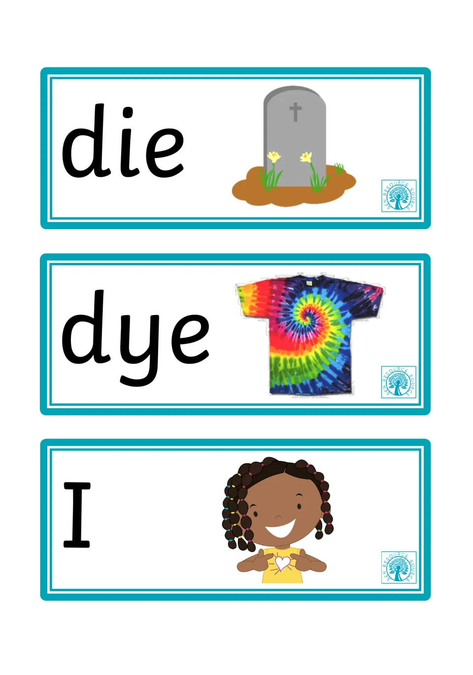 Word meanings: die with a gravestone, dye with a tie-dye T-shirt and I with a girl pointing to herself