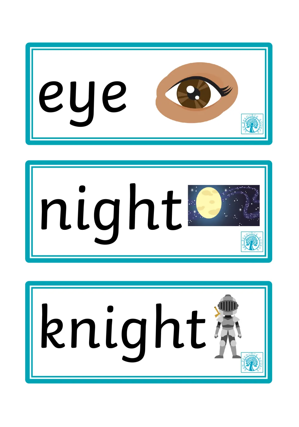 Homophone pictures: eye with a brown eye, night with a moon in a starry sky and knight with a figure in armor