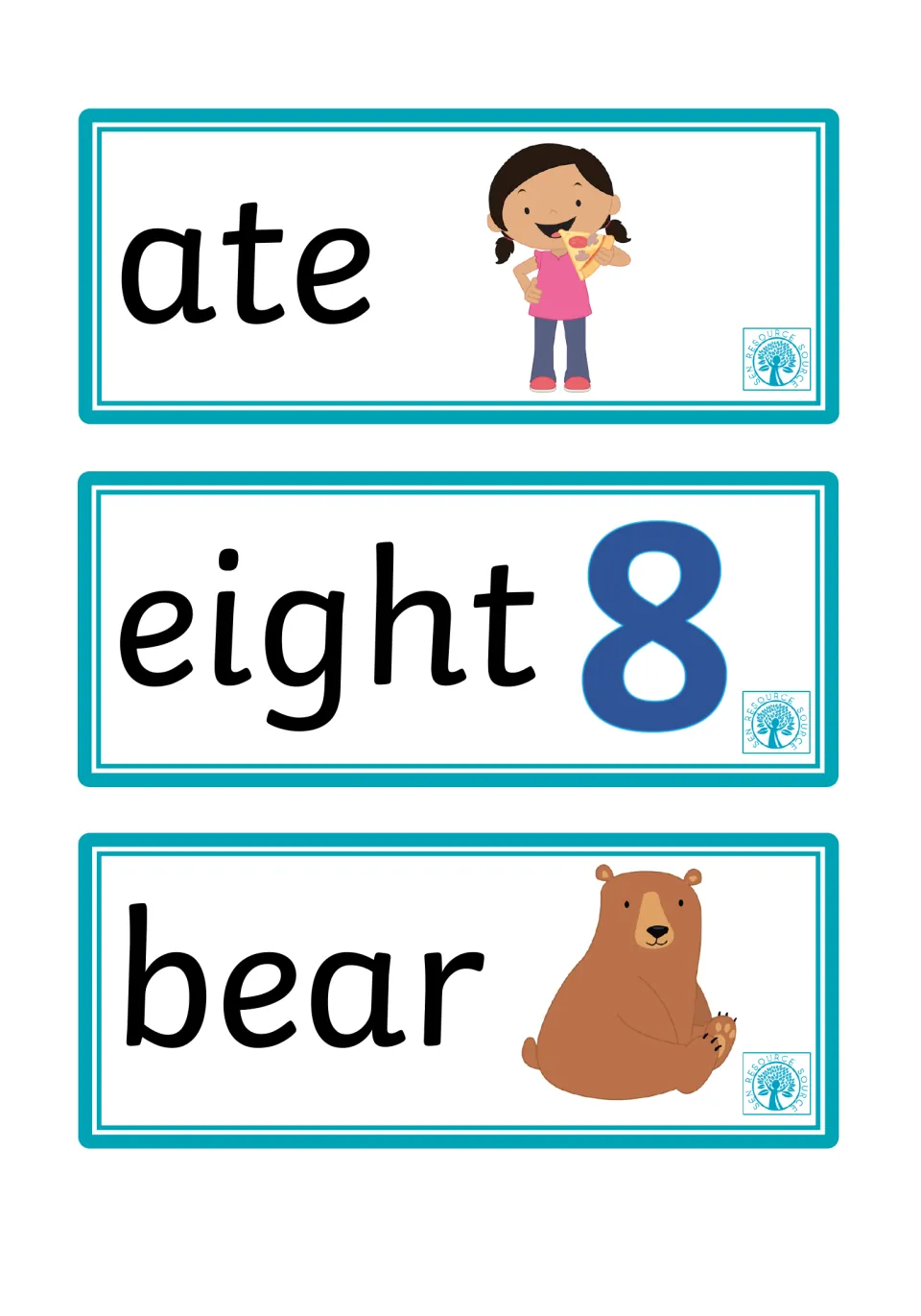 Picture clues: ate with a girl eating pizza, eight with the numeral 8 and bear with a sitting brown bear