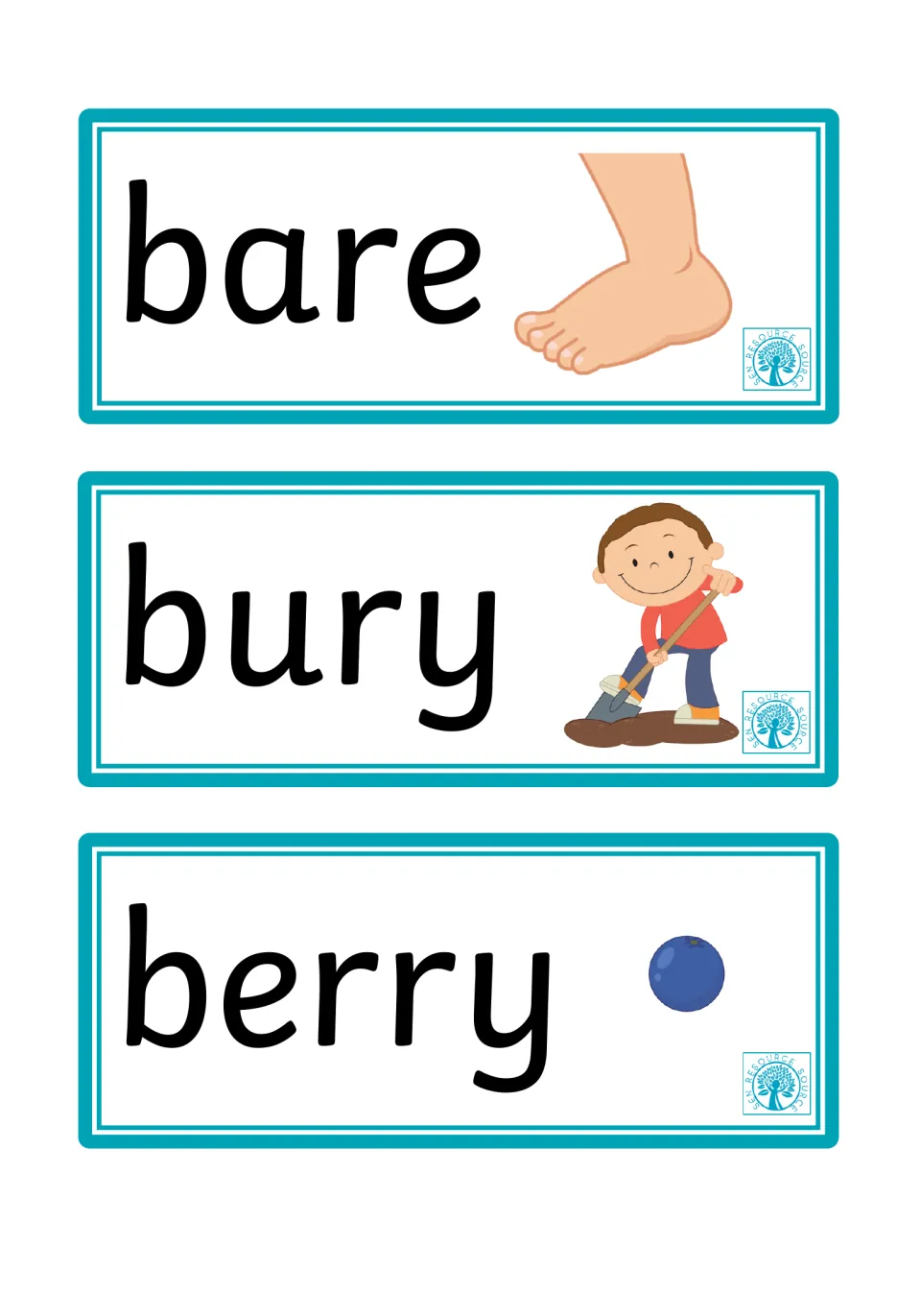 Meaning pictures: bare with a shoeless foot, bury with a boy digging with a shovel, berry with one blueberry
