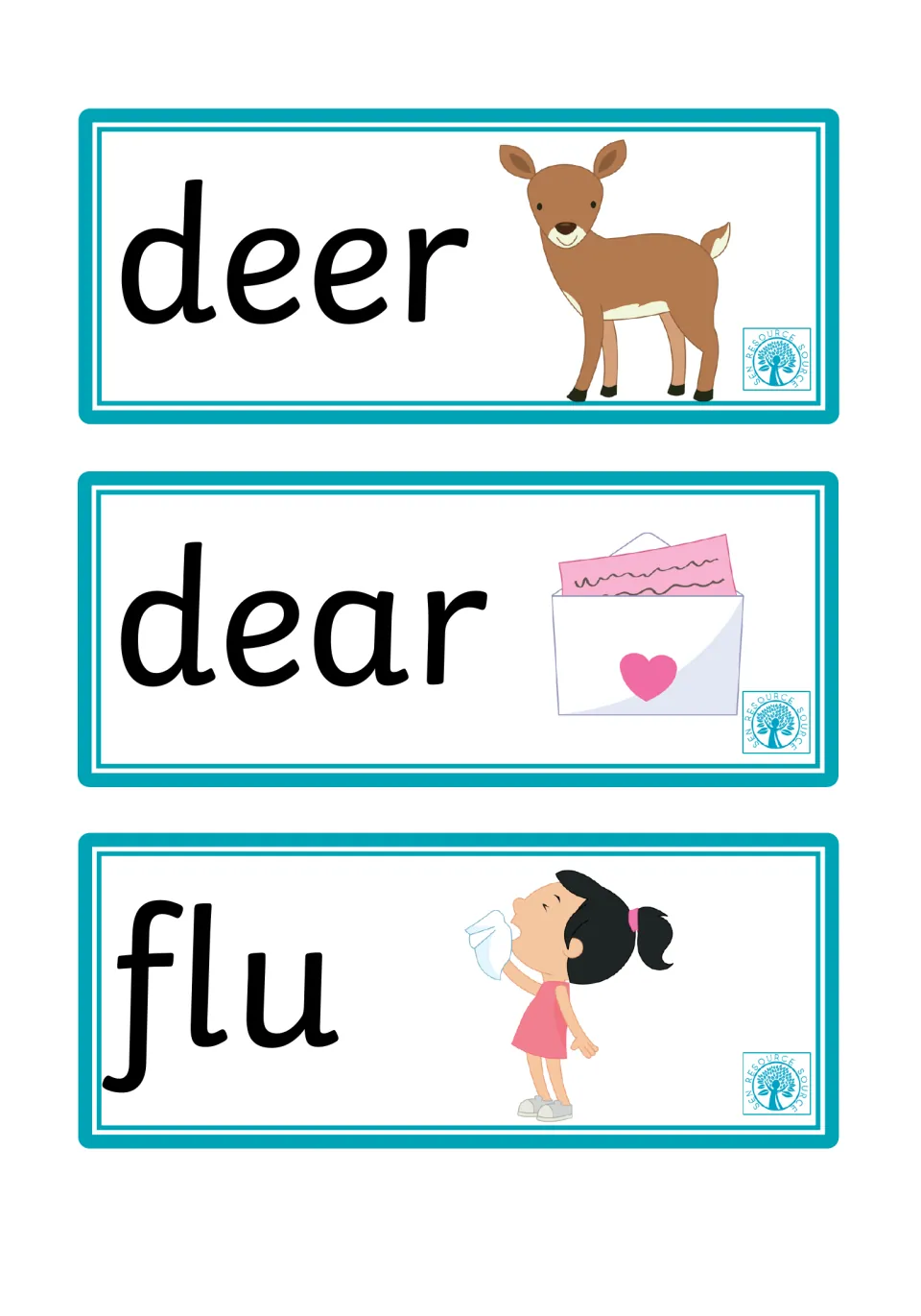 Picture cards pairing deer (a fawn) with dear (a letter with a heart), plus flu with a girl sneezing into a tissue