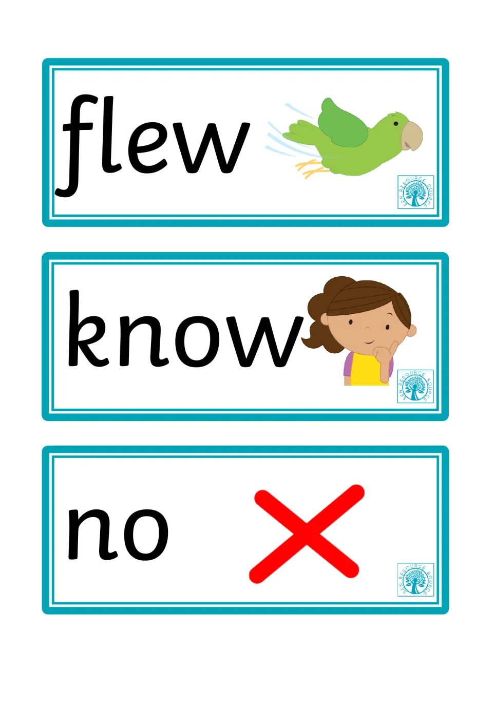 Last page: flew with a flying green parrot, know with a girl thinking and no with a red X to show the meaning