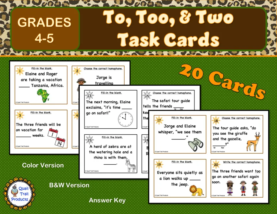 To, Too, & Two Task Cards cover for grades 4-5: 20 safari-themed cards in color and B&W versions, plus an answer key