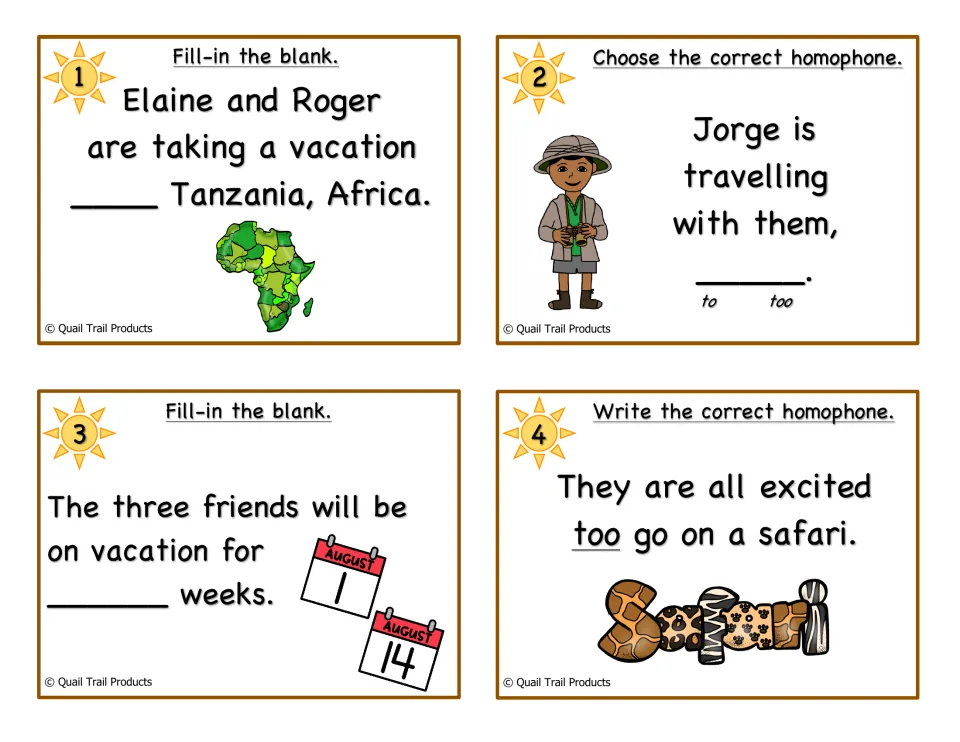 Color task cards 1-4 on to, too and two: students fill in blanks and fix homophones in sentences about a trip to Tanzania