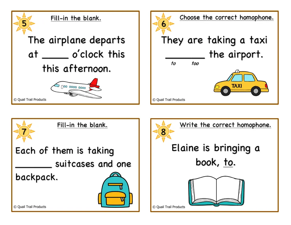 Color task cards 5-8: students choose to, too or two for sentences about an airplane, a taxi, suitcases and a book