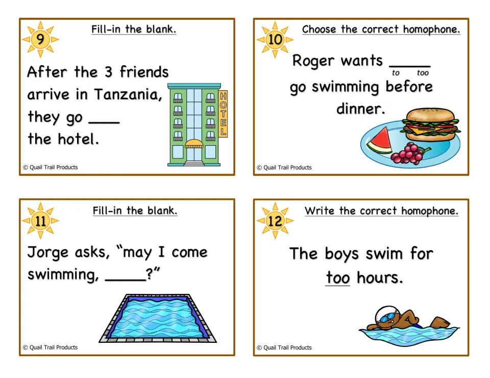 Color task cards 9-12: students complete or correct homophone sentences as the friends reach the hotel and go swimming