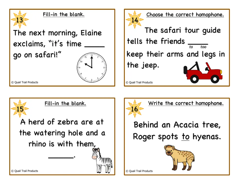 Color task cards 13-16: safari-day sentences where students pick to, too or two and correct 'Roger spots to hyenas'