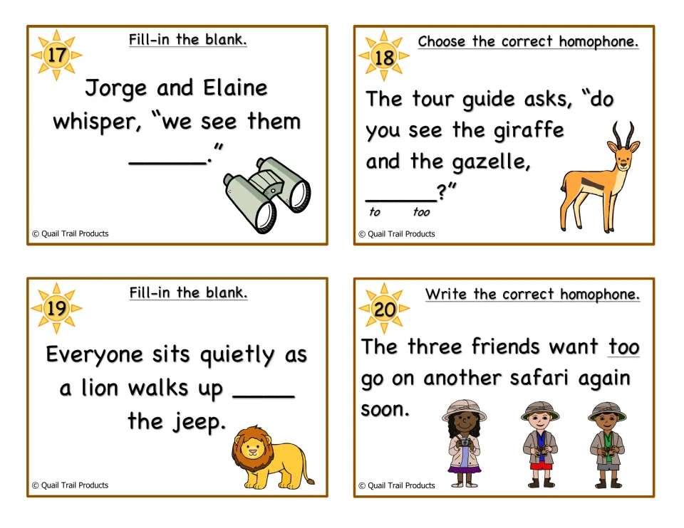 Color task cards 17-20: students fill in or fix to, too and two in sentences about spotting a giraffe, gazelle and lion