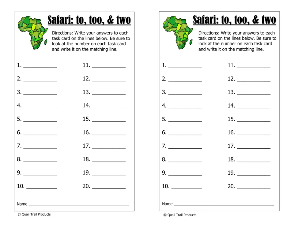 Safari: to, too, & two recording sheet where students write answers to task cards 1-20 on the matching numbered lines